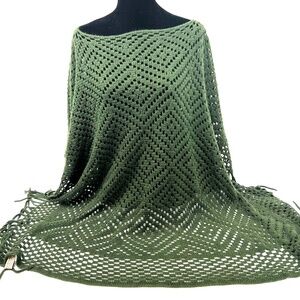 Green Acrylic Crochet Pancho - Square with Fringe at Bottom - OS